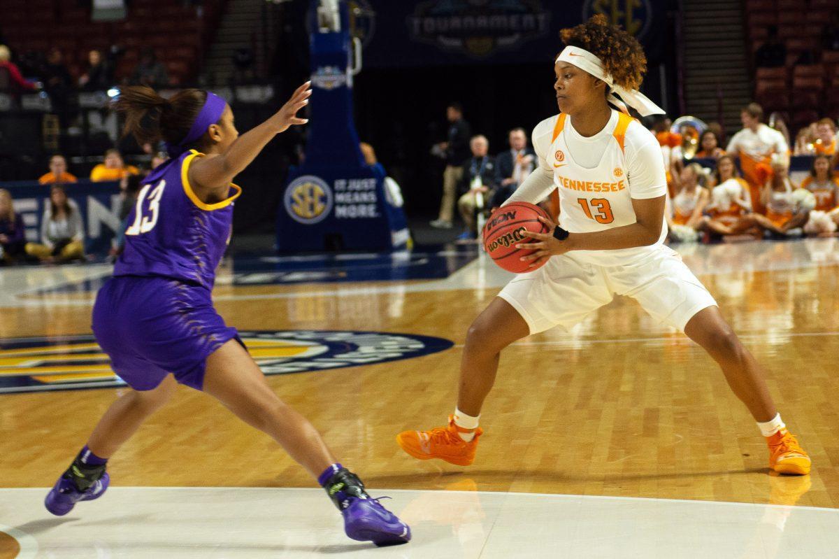 #13, Jazmine Massengill looks for an opening during the SEC Tournament against Louisiana State University on Thursday March, 7, 2019 at Bon Secours Wellness Arena in Greenville, South Carolina. 