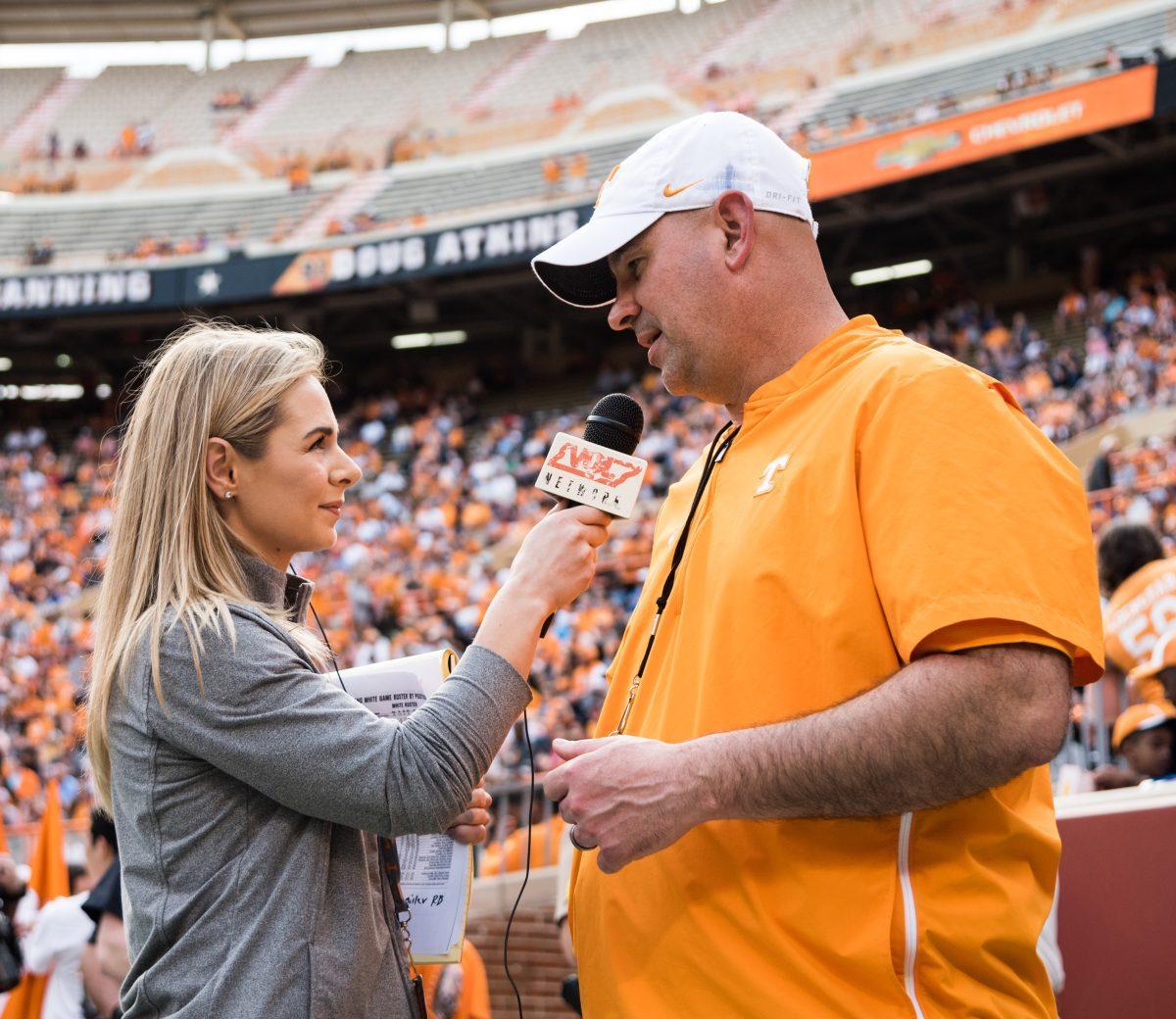 Head coach Jeremy Pruitt speaks to the press before the Orange and White game on Saturday April 13, 2019 at Neyland Stadium.