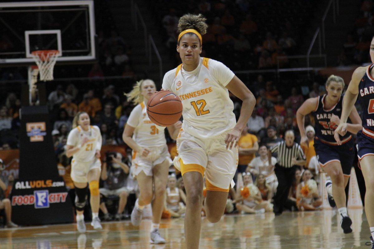 Rae Burrel, #12, dribbles downs the court in the game against Carson-Newman at Thompson-Boiling Arena on Tuesday, October 29, 2019.
 