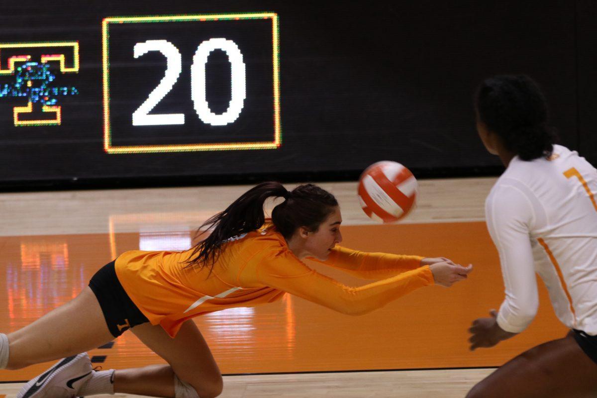 Lady Vol Volleyball player, Madison Coulter (#3), rushes to save the ball in a game against Mississippi State at Thompson Boling Arena on Sunday, October 13, 2019. 