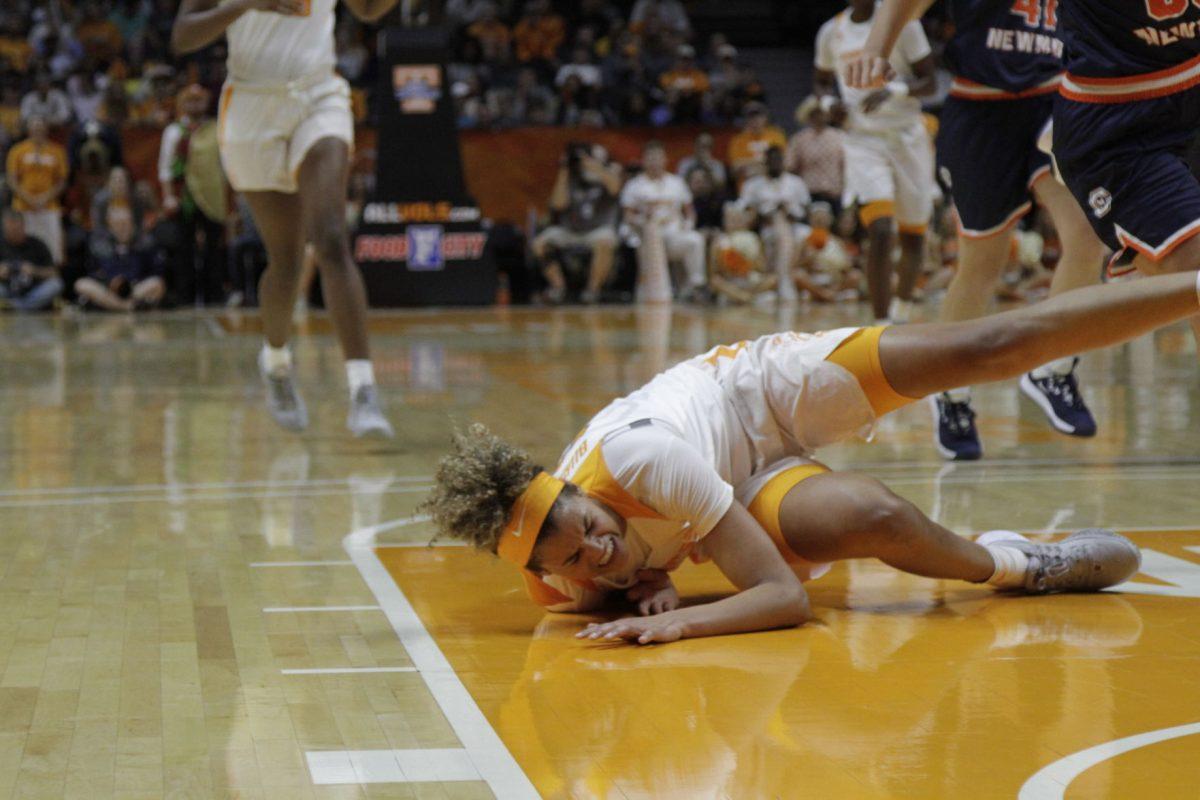 Rae Burrell, #12, falls down after dribbling down the court in the game against Carson-Newman at Thomas-Boiling Arena on Tuesday, October 29,2019
 
