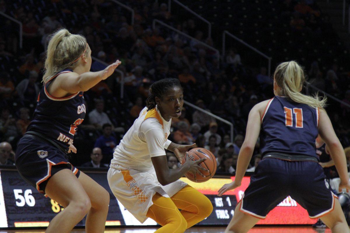 Jordan Horston, #25, stands on the offense against two Carson-Newman players during the game at Thomas-Boiling Arena on Tuesday, October 29,2019 