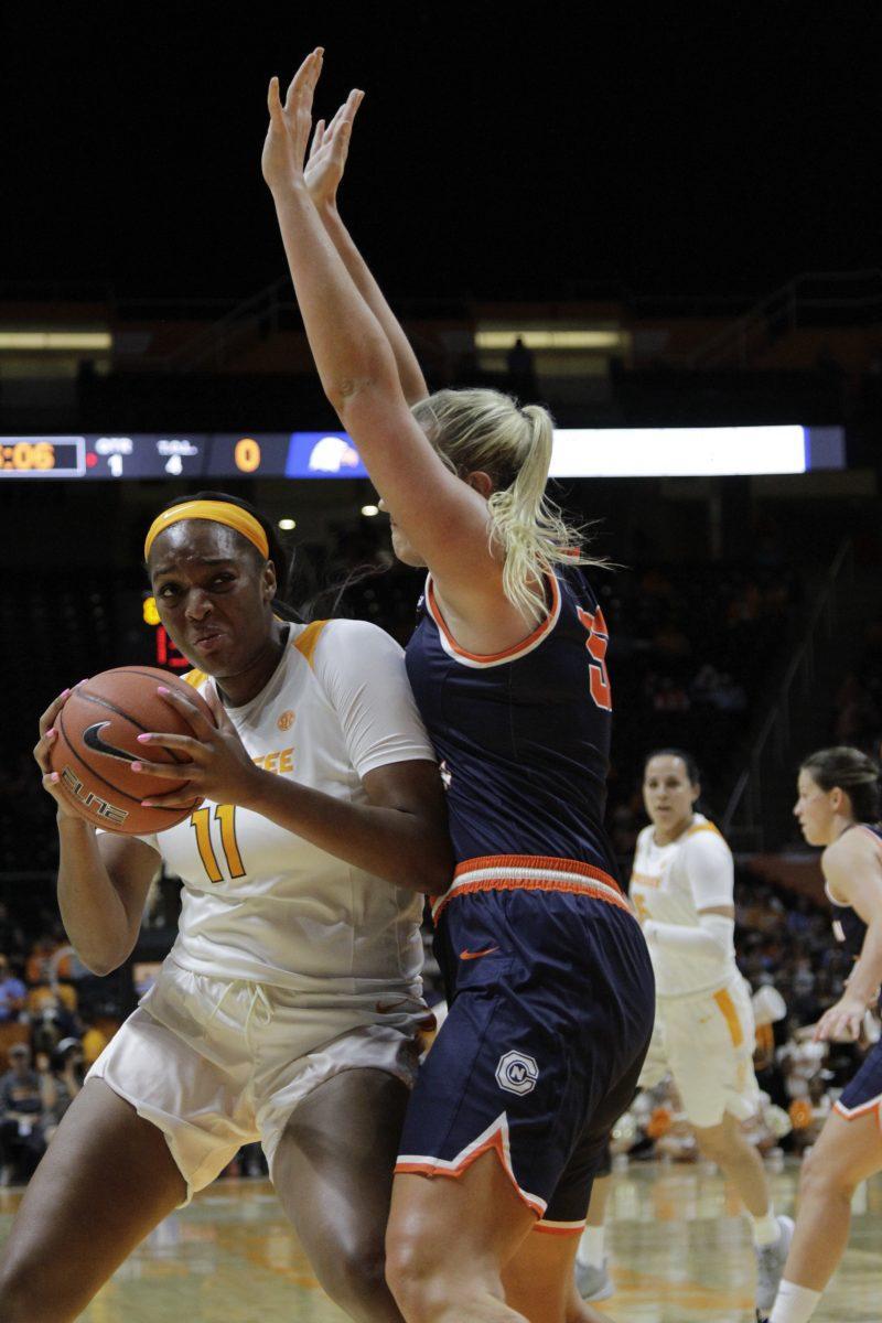 Kasiyahna Kushkituah, #11, tries to pivot around Carson-Newman player during the game at Thompson-Boiling Arena on Tuesday, October 29, 2019.