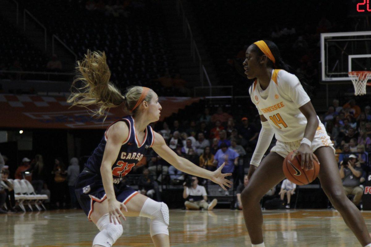  Zaay Green, #14, matches up against a player in the game against Carson-Newman at Thomas-Boiling Arena on Tuesday, October 29,2019
 