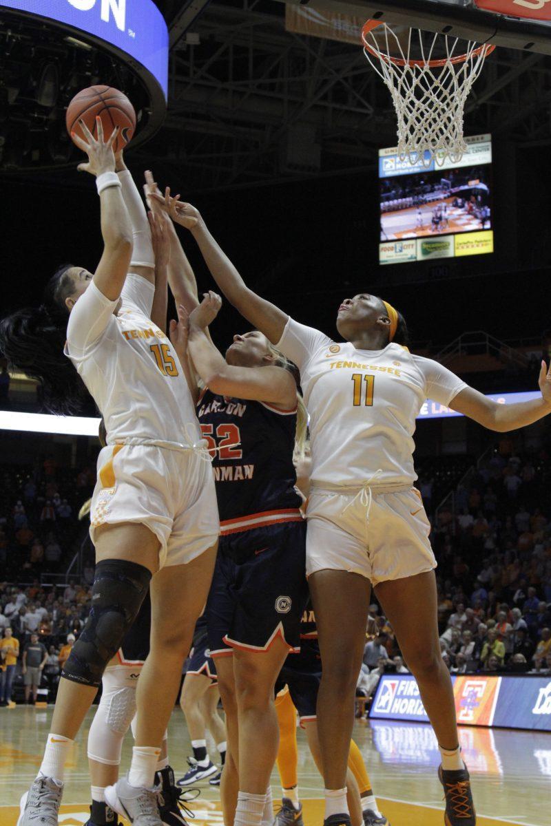 Lady Vol's, Jaiden McCoy, #15, and Kasiyahna Kushkituah, #11, try to tip the ball in the game against Carson-Newman at Thompson-Boiling Arena on Tuesday, October 29, 2019.