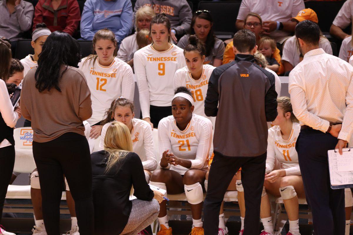 Lady Vols gather in a huddle to discuss strategy for the game against Mississippi State at Thompson Boling Arena on Sunday, October 13, 2019. 
