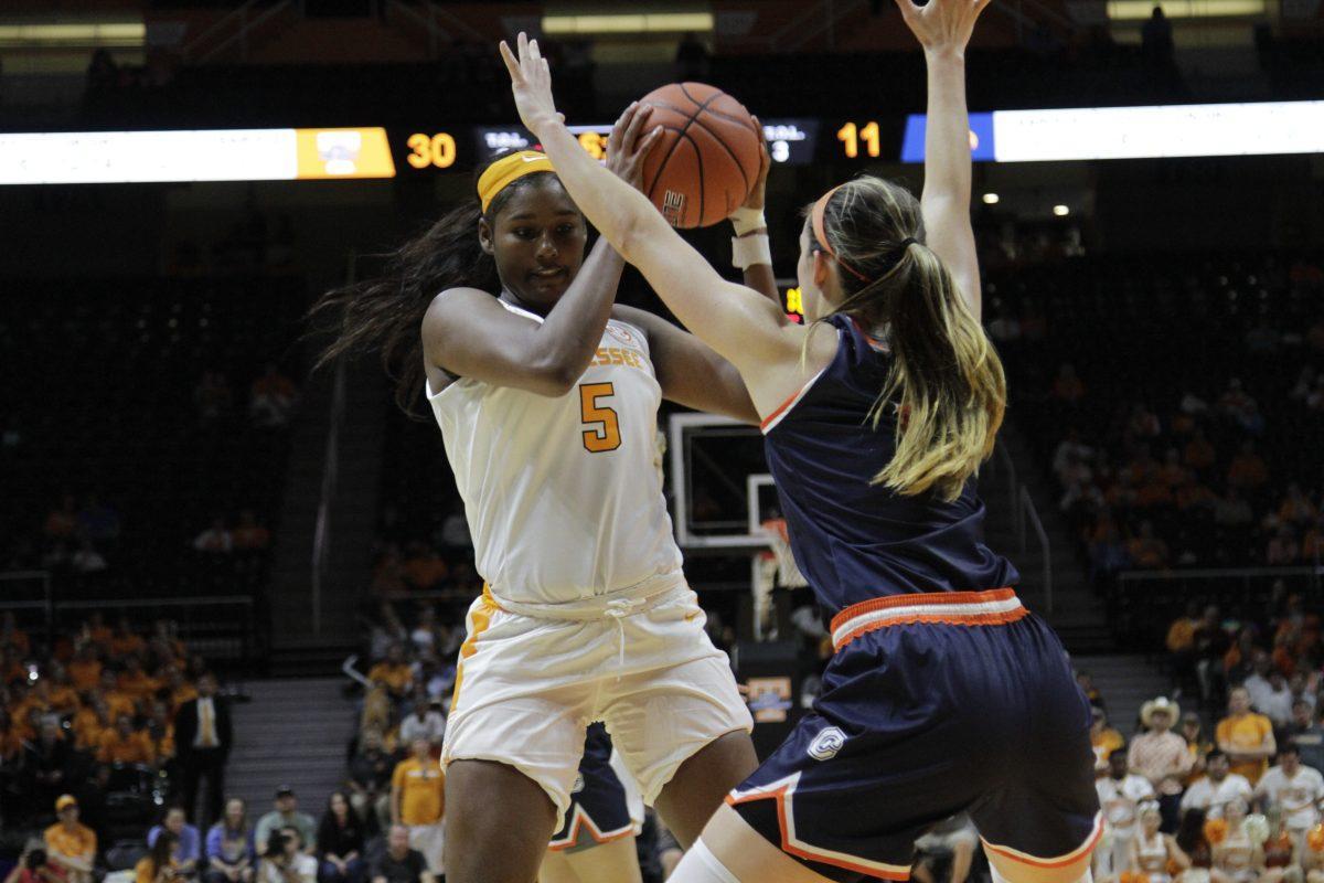Kamera Harris, #5, prepares to pass the ball in the game against Carson-Newman at Thomas-Boiling Arena on Tuesday, October 29,2019 