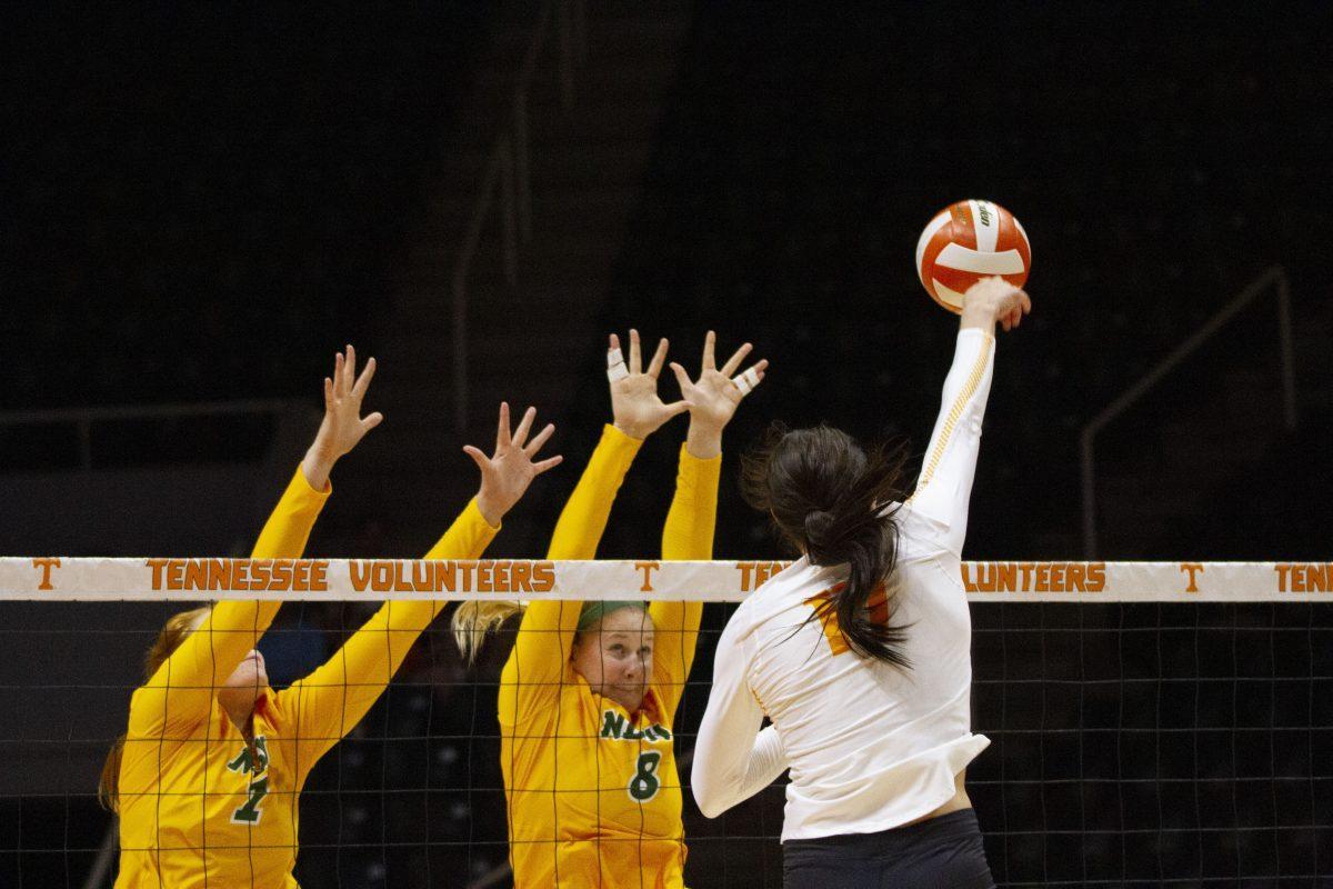 Lady Vol's volleyball player Tessa Grubbs (17) spikes the ball in the game against North Dakota State at Thompson-Boling Arena on September 21, 2019 