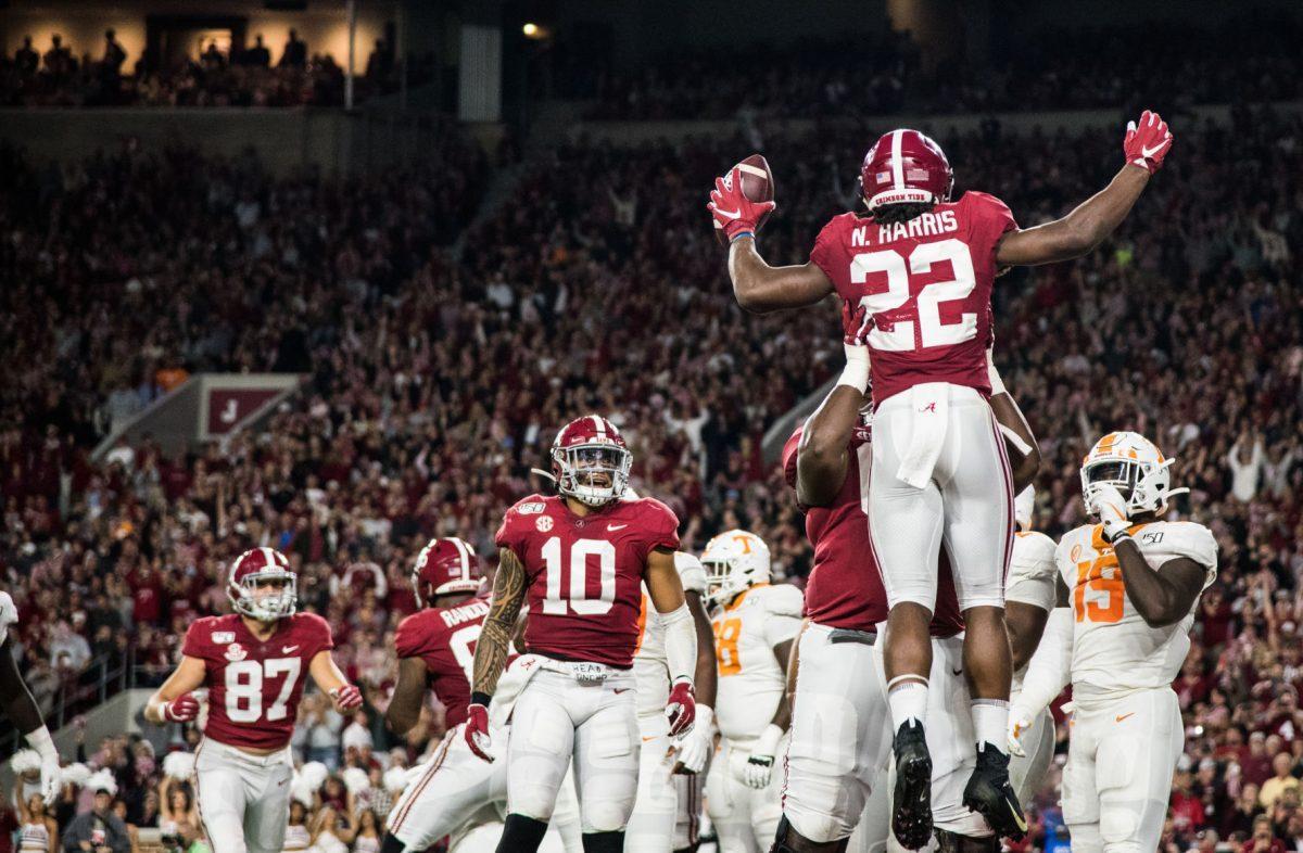 Alabama players celebrate after a touchdown during the Tennessee and Alabama football game at Bryant-Denny Stadium on Saturday, Oct.19, 2019.