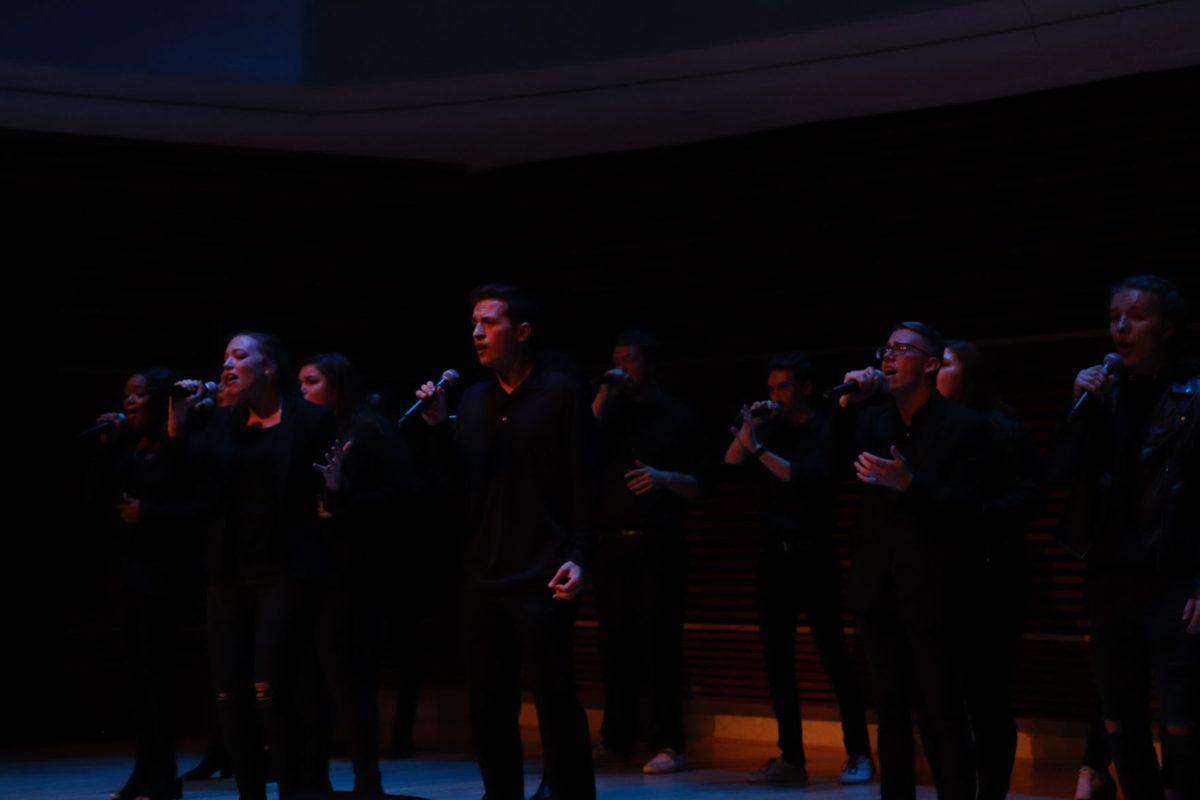 Jordyn Lantz(left) and Jack Rosamond(right) take the lead on the Singers' performance of "Alone" by Billy Steinberg during the UT Singers Homecoming Concert on Friday, November 1, 2019.