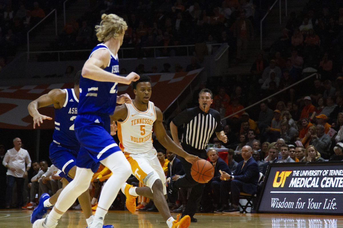 Tennessee guard Josiah-Jordan James, #5, rushes down the court in the game against UNC Asheville at Thompson-Boling Arena on Tuesday, November 5, 2019.