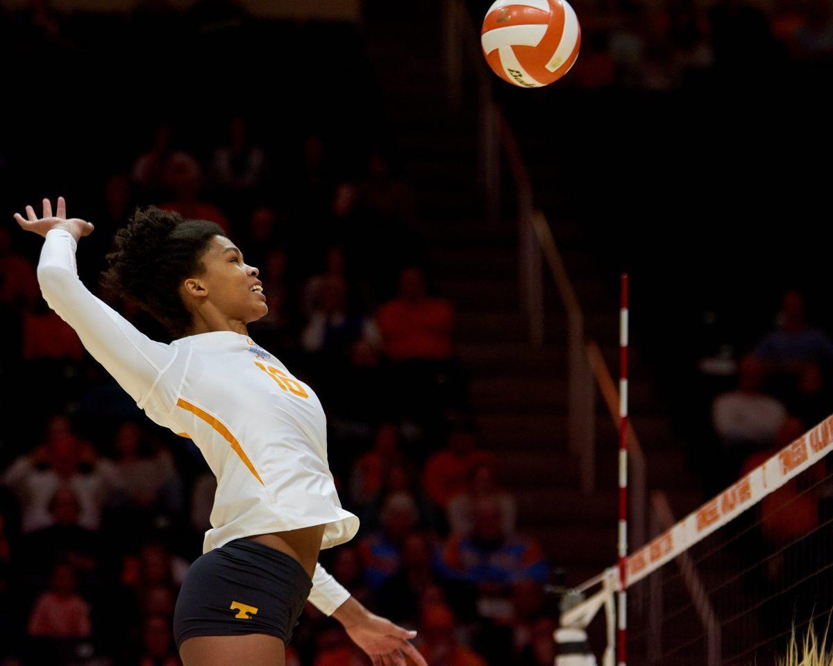 Addisyn Rowe, #16, prepares to spike the ball over the net at the Ole Miss Volleyball game in Thompson-Boling Arena on Friday, November 1, 2019.