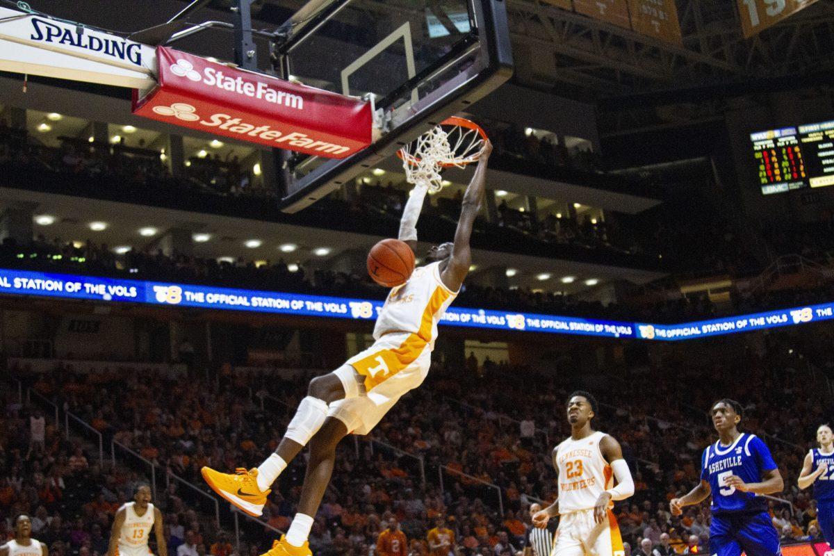Tennessee guard Davonte Gaines, #0, dunks the ball in the game against UNC Asheville at Thompson-Boling Arena on Tuesday, November 5, 2019.