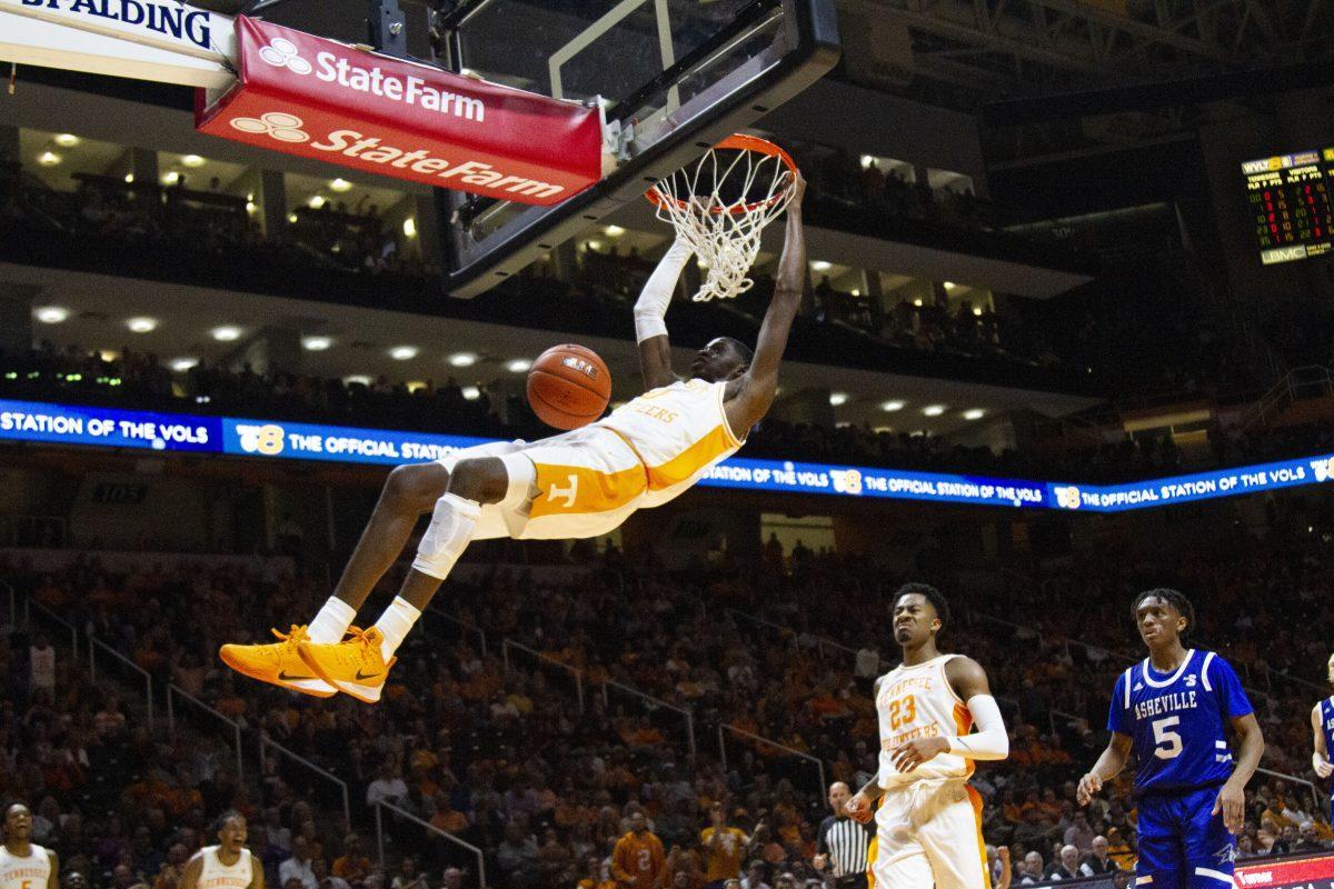 Tennessee guard Davonte Gaines, #0, dunks the ball in the game against UNC Asheville at Thompson-Boling Arena on Tuesday, November 5, 2019.