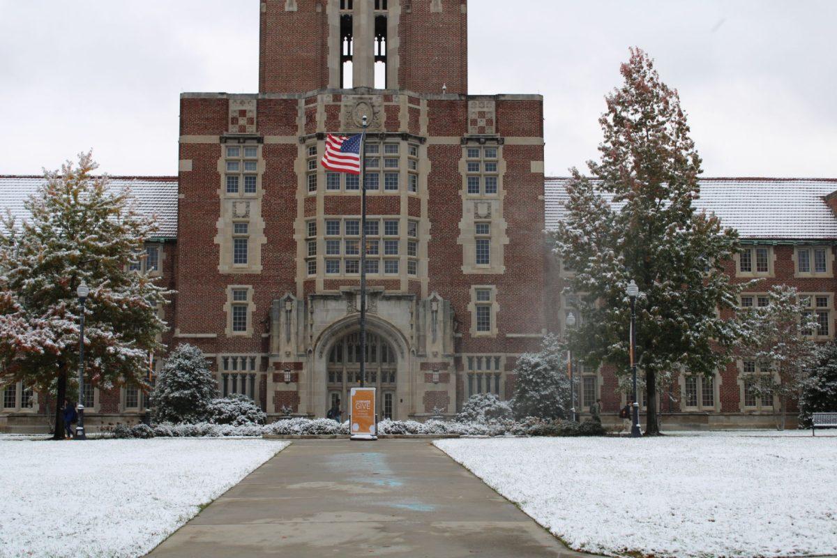 Snow covers the ground in front of Ayres on the University of Tennessee, Knoxville's campus on Tuesday, November 12, 2019.