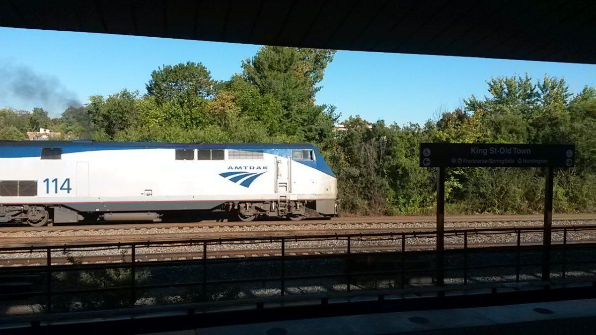 Train travel offers a different ground view when traveling. This is an Amtrack passenger train taking off from the Alexandria station in Washington, D.C.