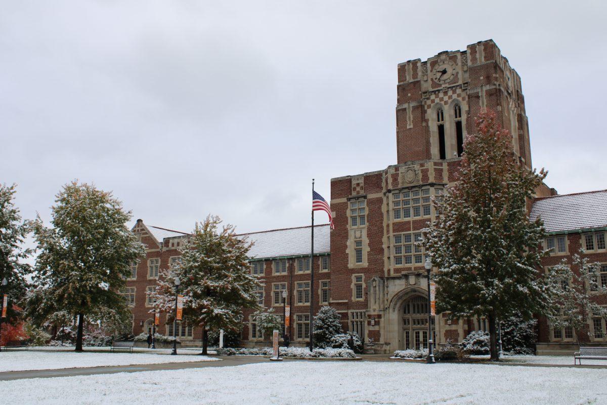 Snow covers the ground in front of Ayres on the University of Tennessee, Knoxville's campus on Tuesday, November 12, 2019.