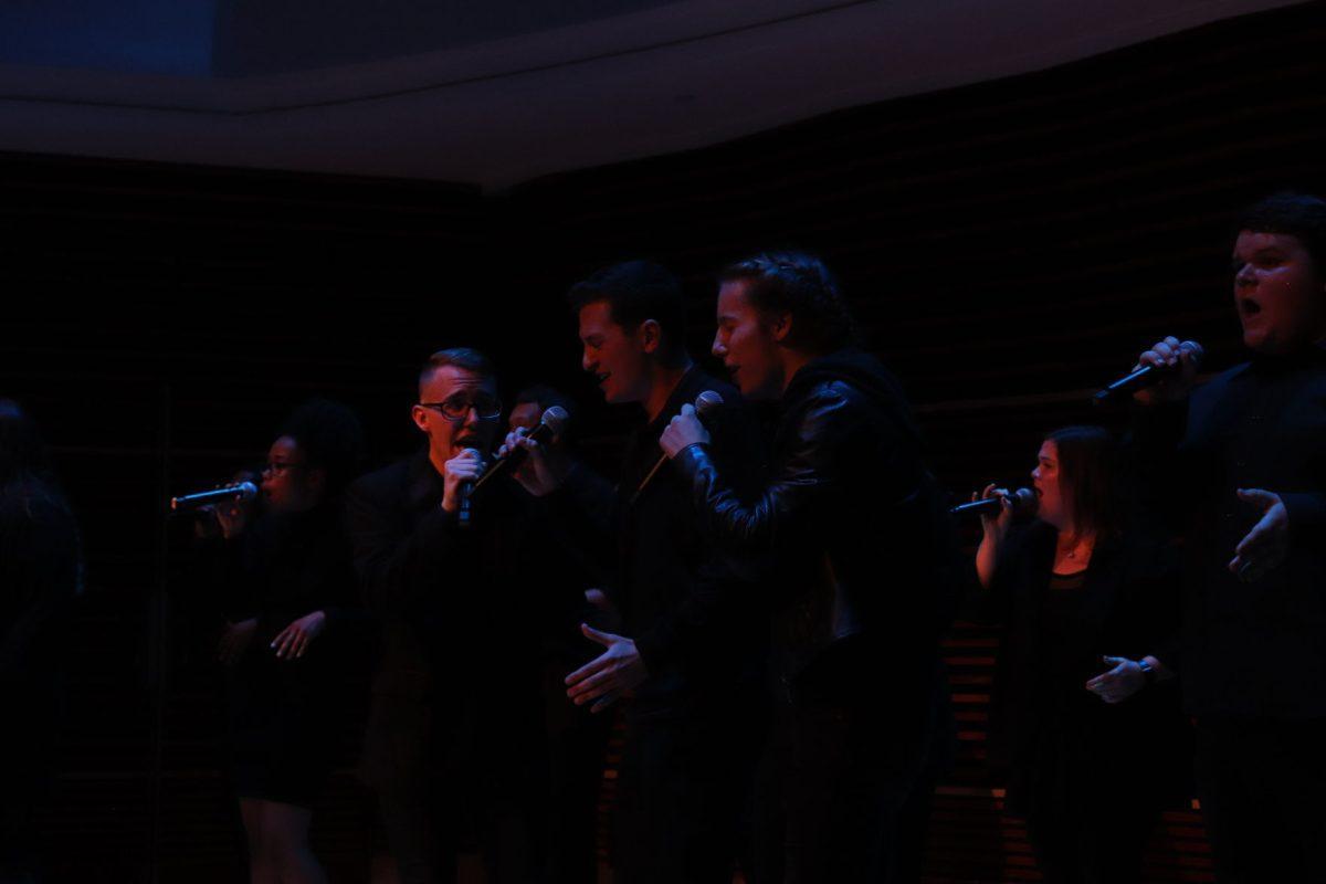 Paul Davis (left), Jack Rosamond (middle), and Lee Pinkston (right) tackle the male leads of Billy Steinberg's "Alone" during the UT Singers Homecoming concert on Friday, November 1, 2019.