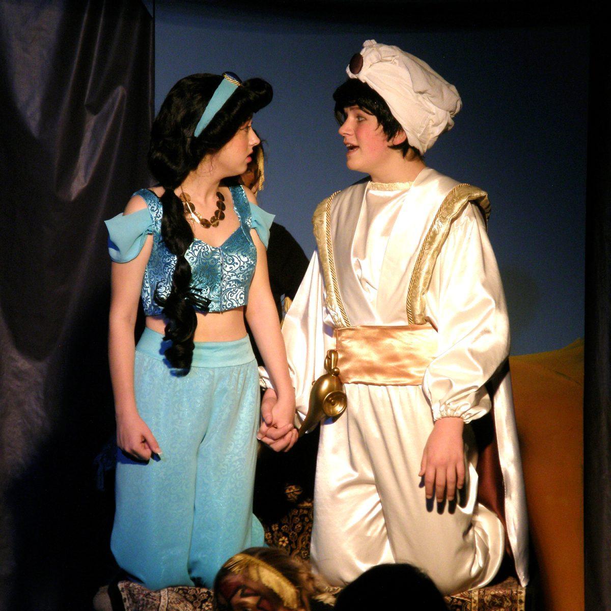 Princess Jasmine, played by Emma Lesniewski, and Aladdin, played by Ethan Turbyfill, share an emotional magic carpet ride over Agrabah in the Knoxville Children's Theatre production of Disney's "Aladdin."