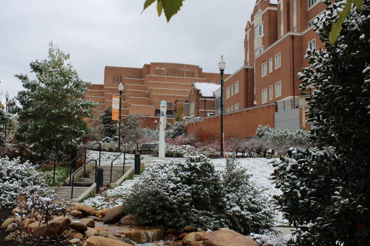 Snow covers the ground on the University of Tennessee, Knoxville's campus on Tuesday, November 12, 2019.