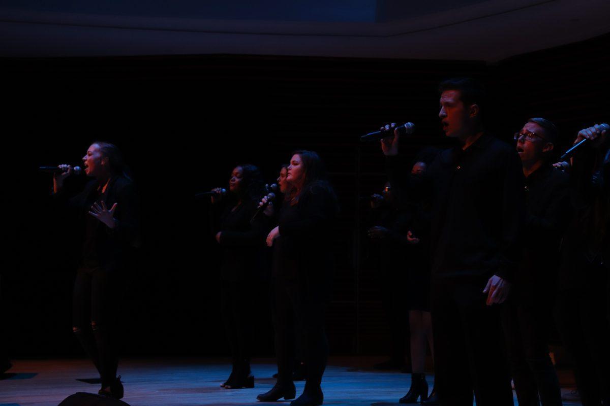 Jordyn Lantz (left) and Jack Rosamond (right) take the lead on the Singers' performance of "Alone" by Billy Steinberg during the Homecoming Concert on Friday, November 1, 2019.