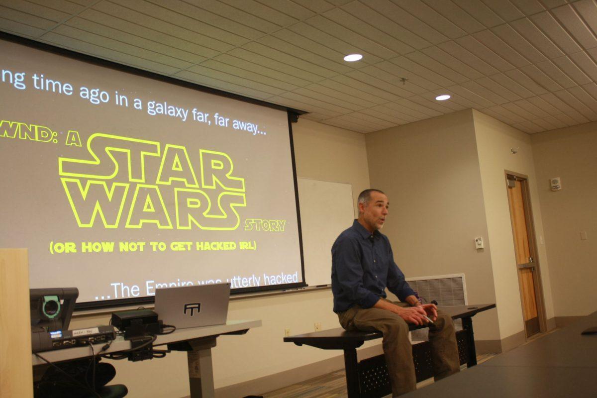Chris Lord utilizes Star Wars to talk about common cyber security attacks such as social engineering, password cracking, side-channel leakage, browser exploits and supply chain attacks at Min Kao on Tuesday, November 19, 2019.