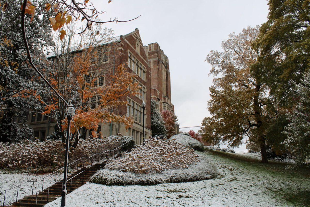 Snow covers the ground on the Hill on the University of Tennessee, Knoxville's campus on Tuesday, November 12, 2019.