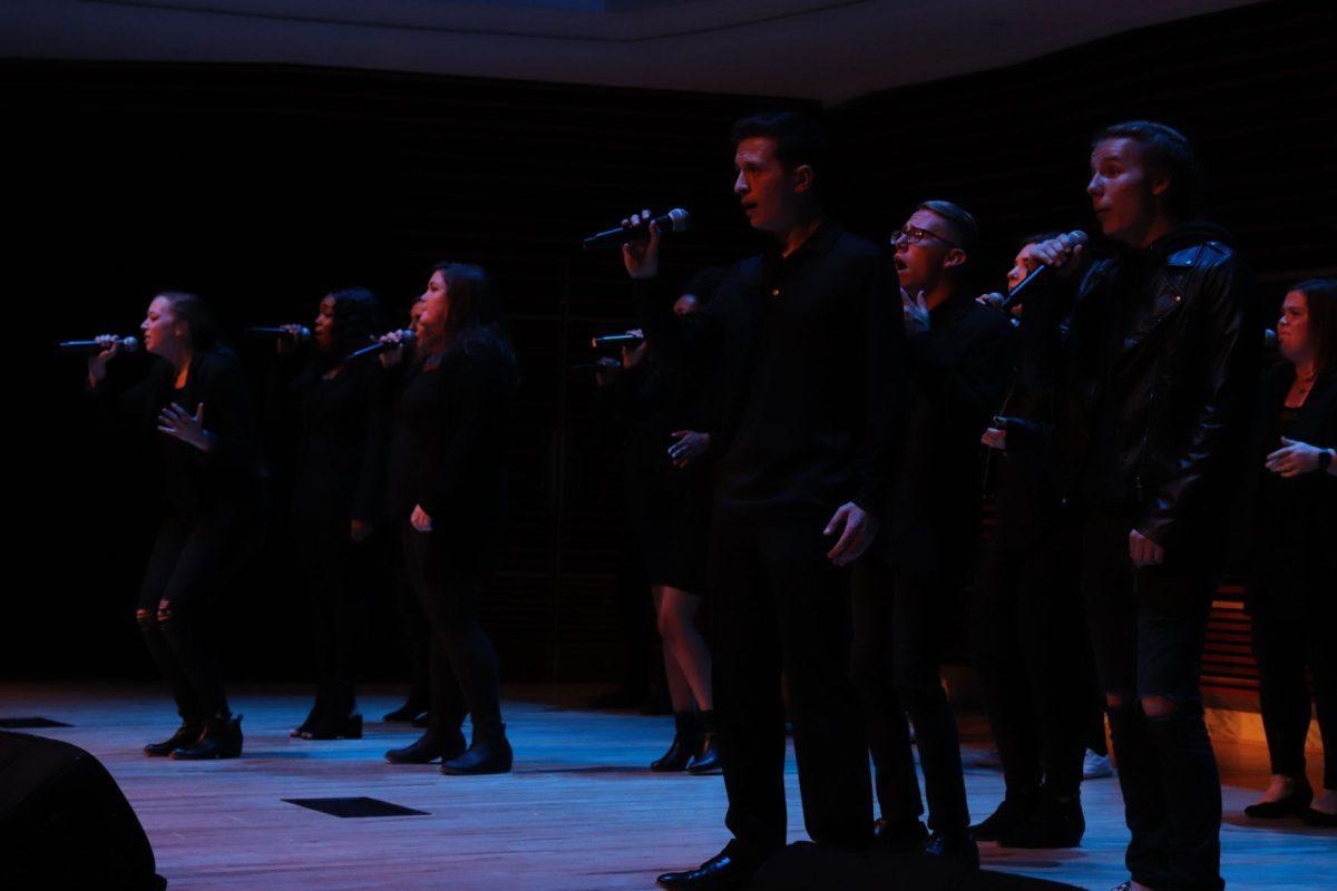 Jordyn Lantz (left) and Jack Rosamond (right) take the lead on the Singers' performance of "Alone" by Billy Steinberg during the Homecoming Concert on Friday, November 1, 2019.