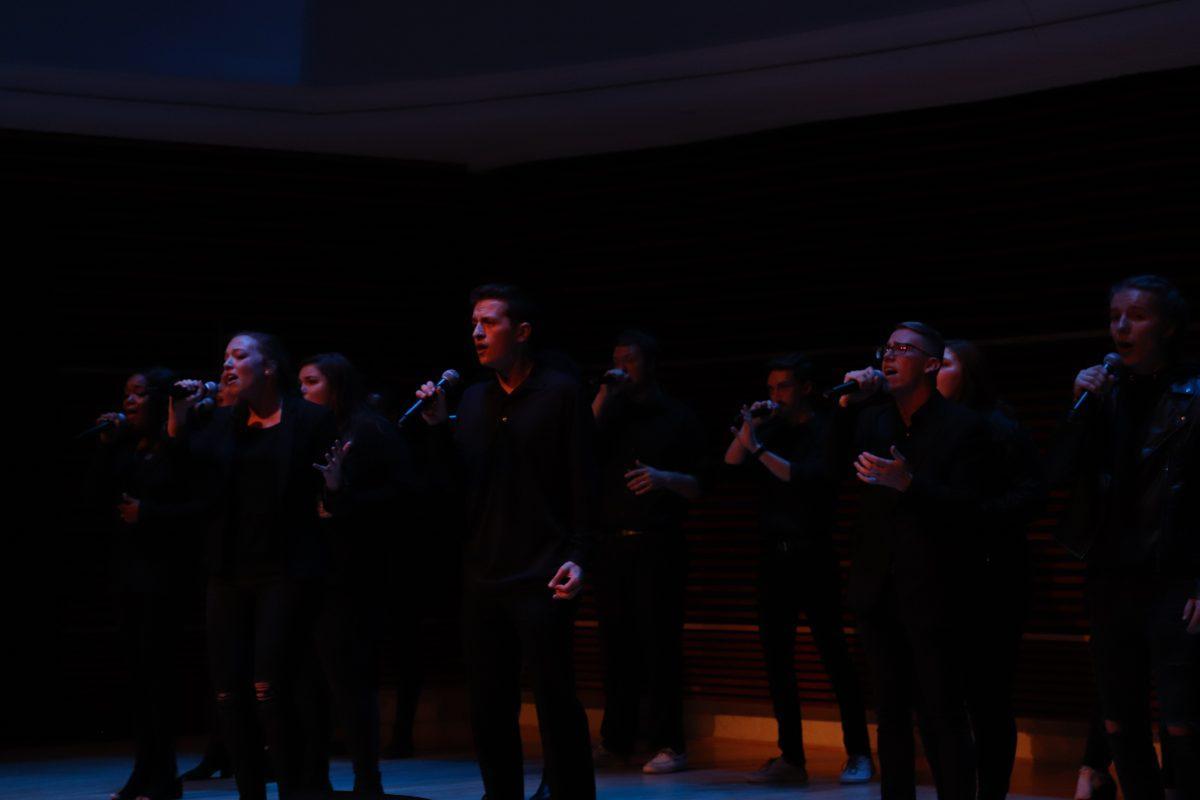 Jordyn Lantz(left) and Jack Rosamond(right) take the lead on the Singers' performance of "Alone" by Billy Steinberg during the UT Singers Homecoming Concert on Friday, November 1, 2019.