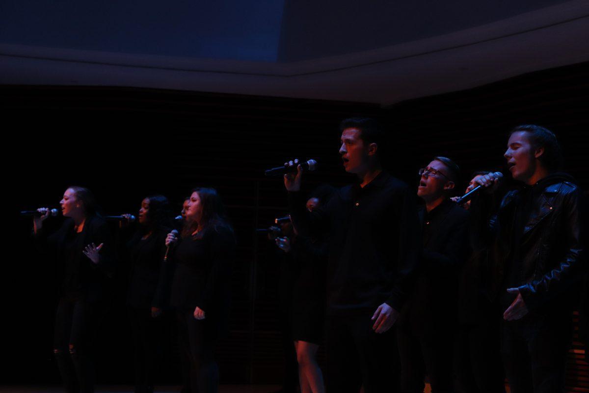 Jordyn Lantz (left) and Jack Rosamond (right) take the lead on the Singers' performance of "Alone" by Billy Steinberg during the Homecoming Concert on Friday, November 1, 2019.