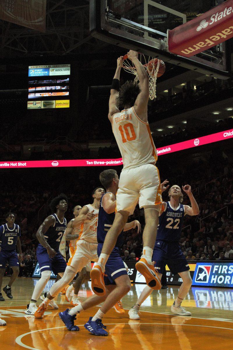 John Fulkerson, #10, dunks the ball in the game against UNC Asheville at Thompson-Boling Arena on Tuesday, November 5, 2019.