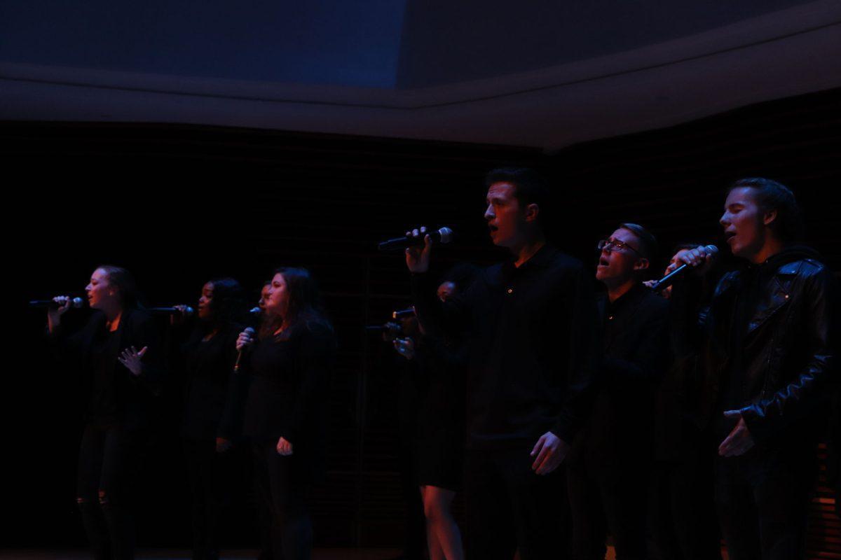 Jordyn Lantz (left) and Jack Rosamond (right) take the lead on the Singers' performance of "Alone" by Billy Steinberg during the Homecoming Concert on Friday, November 1, 2019.