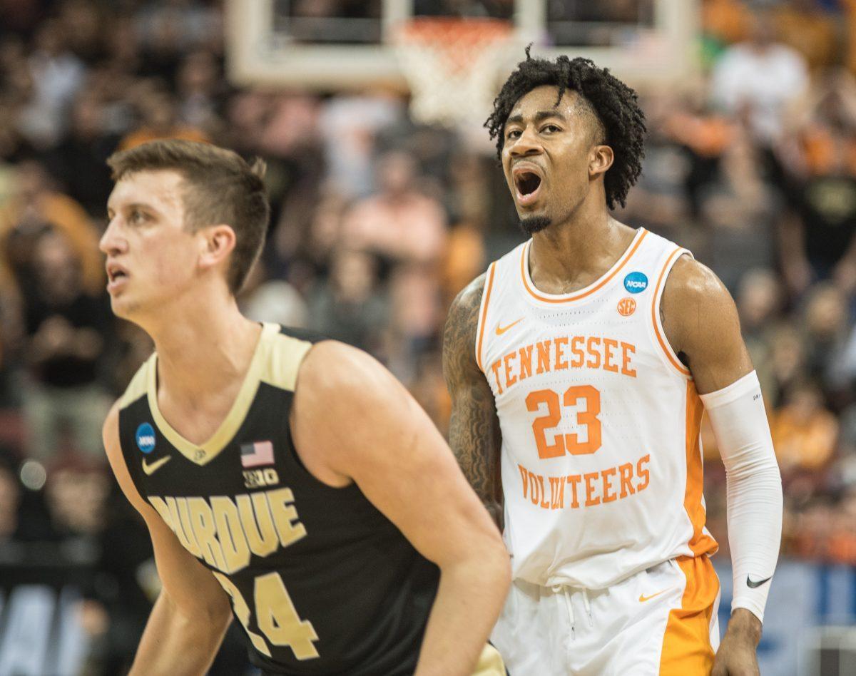  #23, Jordan Bowden reacts to a call during the emotional Sweet Sixteen game against Purdue University on Thursday March 28, 2019 at the KFC Yum! Center. 