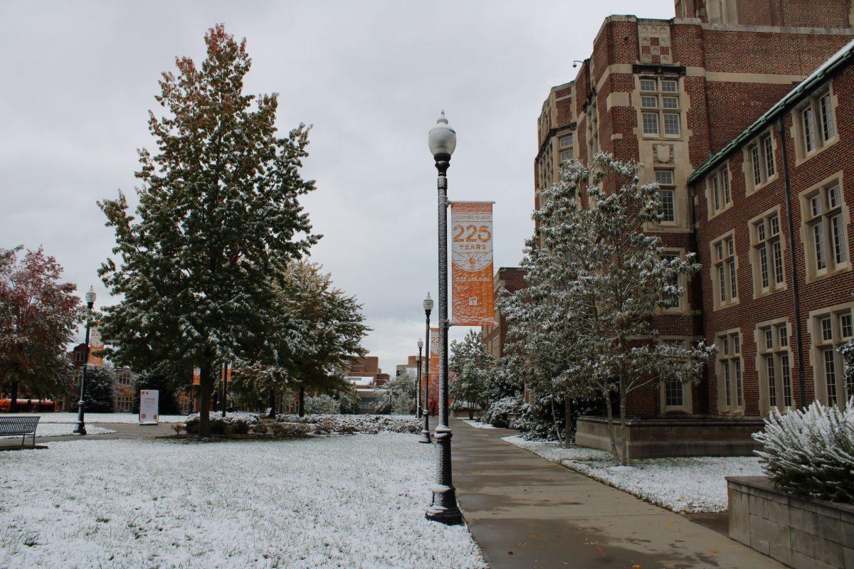 Snow covers the ground in front of Ayres on the University of Tennessee, Knoxville's campus on Tuesday, November 12, 2019.