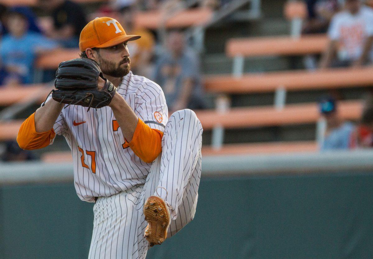 #27, Garrett Stallings prepares to pitch the ball during the game against Ole Miss on Thursday, May 16, 2019.