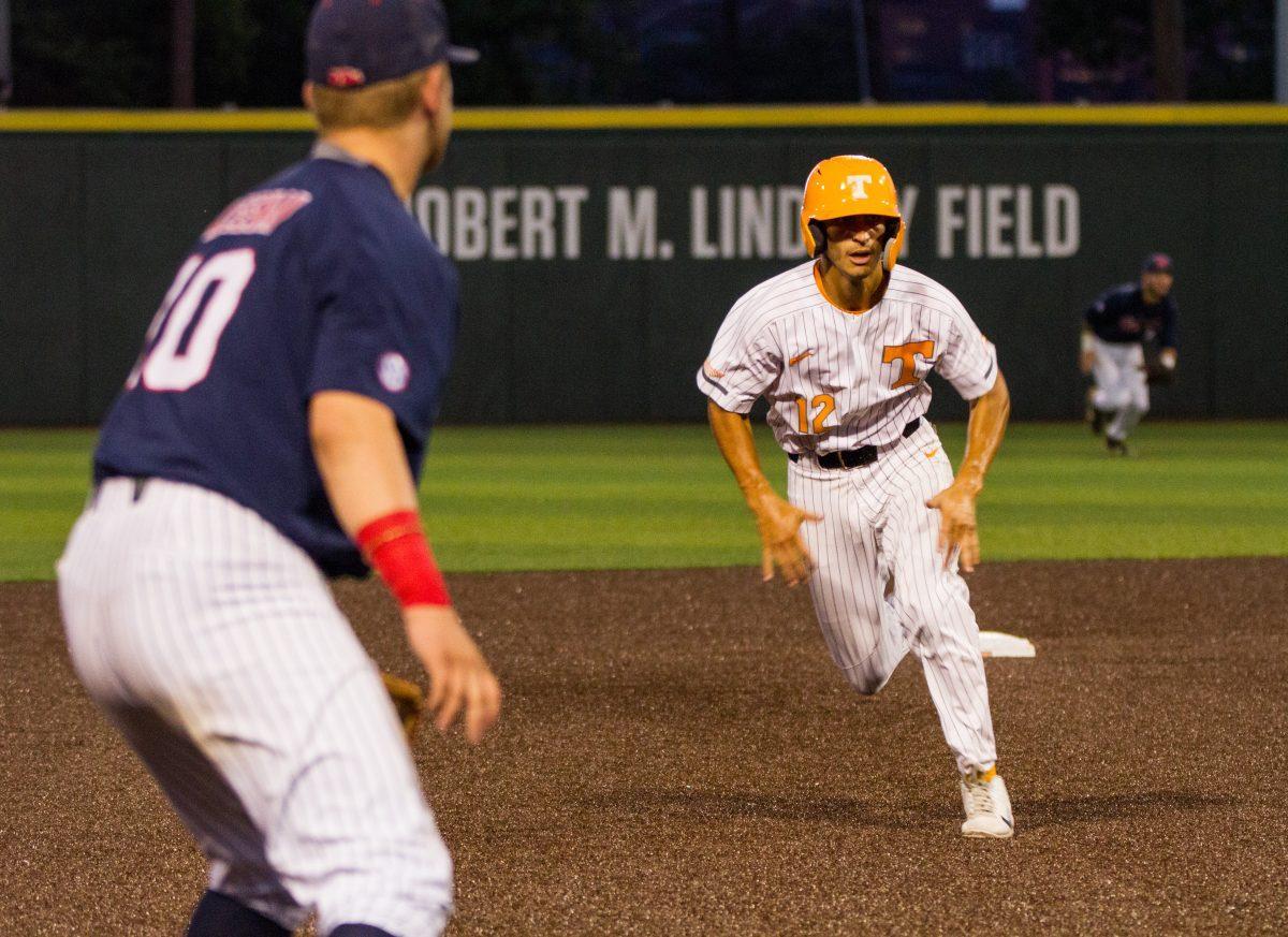 #12, Ricky Martinez, runs to third base during the game against Ole Miss on Thursday, May 16, 2019.