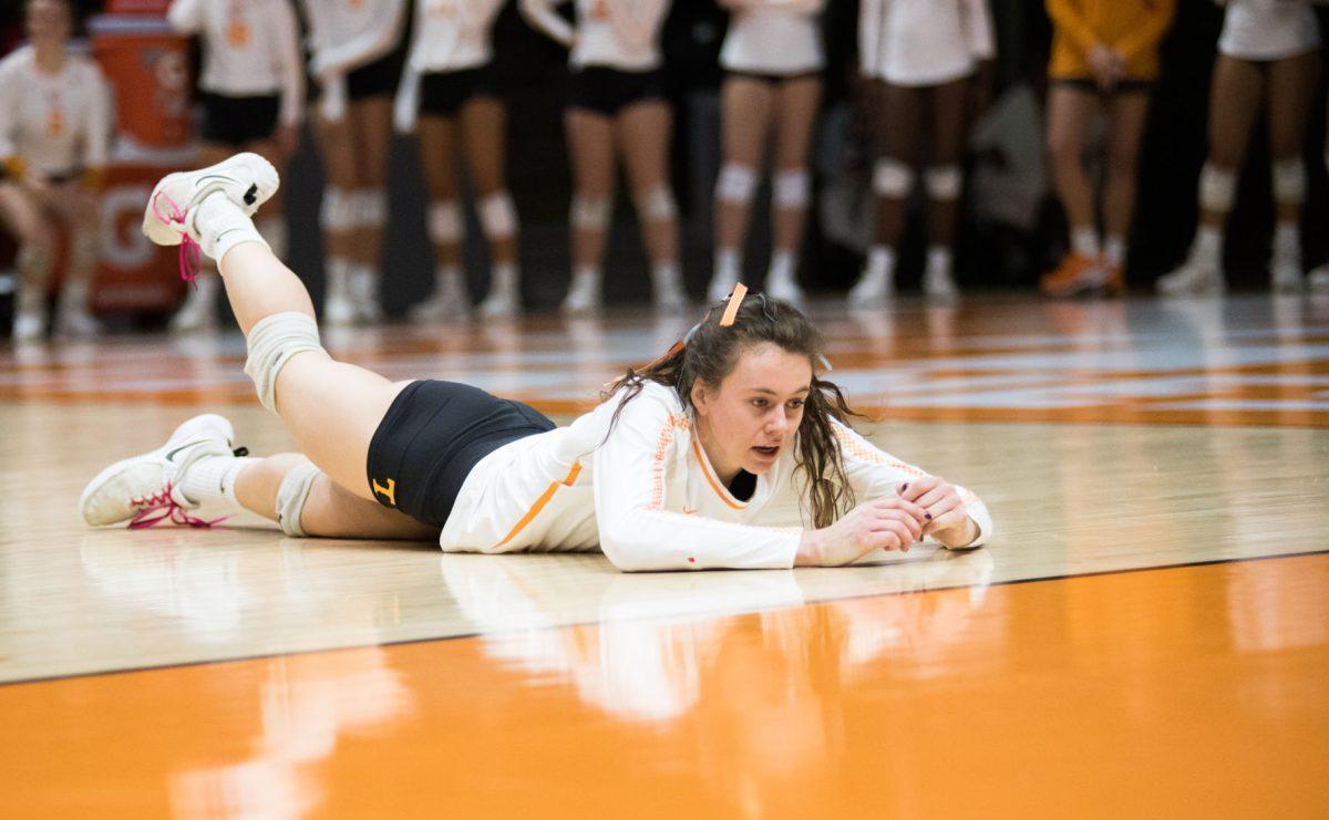Tennessee's Lily Felts (15) after an attempt to save the ball during the game against Auburn University on Wednesday, November 27, 2019 at Thompson-Boling Arena.