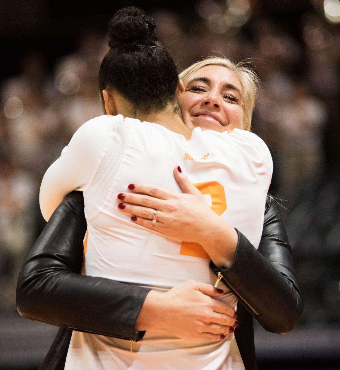 Tennessee's head coach, Eve Rackham, hugs senior Alyssa Andreno (2) after the game against Auburn University on Wednesday, November 27, 2019 at Thompson-Boling Arena.