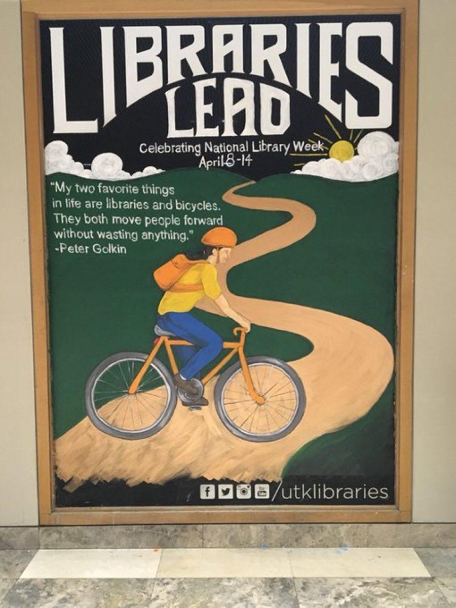 A previous painting on the library window, celebrating National Library Week.
