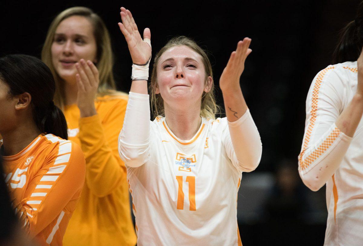 Tennessee senior, Sedona Hansen (11), tears up after the game against Auburn University on Wednesday, November 27, 2019 at Thompson-Boling Arena.