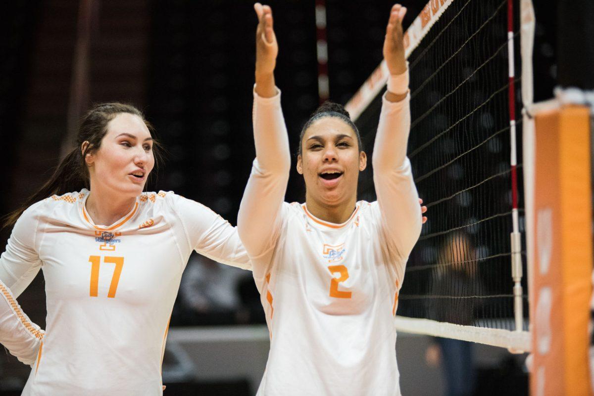 Tennessee's Alyssa Andreno (2) blows kisses to the crowd after the game against Auburn University on Wednesday, November 27, 2019 at Thompson-Boling Arena.