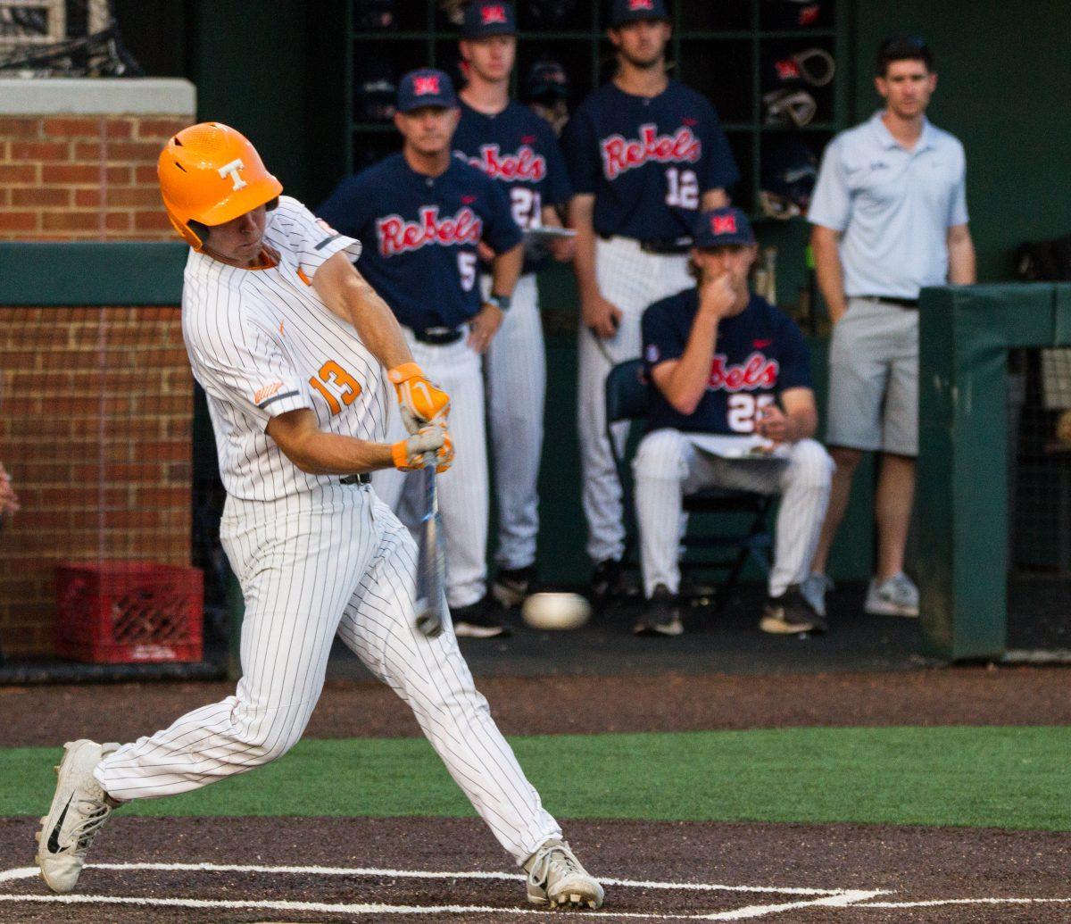 #13, Andre Lipcius prepares to hit the ball during the game against Ole Miss on Thursday, May 16, 2019.