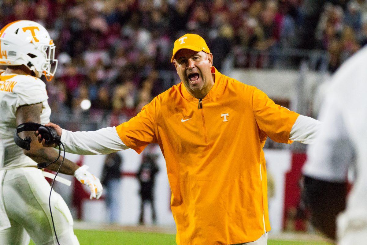 Head football coach Jeremy Pruitt yells after a penalty during the Tennessee and Alabama football game at Bryant-Denny Stadium on Saturday, Oct.19, 2019. 