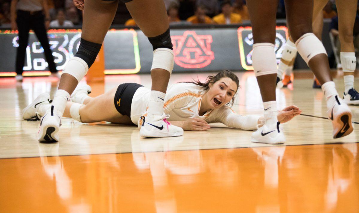 Tennessee's Tessa Grubbs (17) after attempting to keep the ball in play during the game against Auburn University on Wednesday, November 27, 2019 at Thompson-Boling Arena.