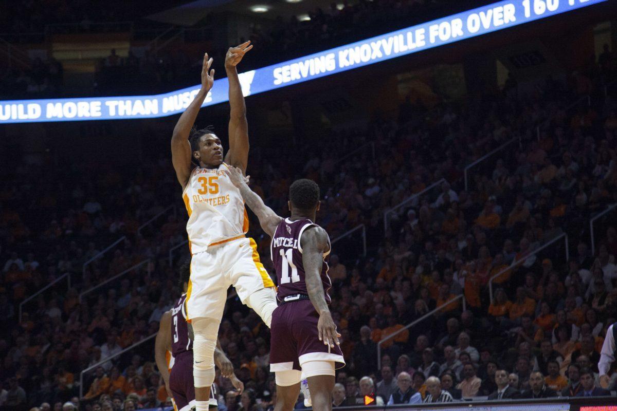Yves Pons, #35, shoots the ball during the game against Texas A&amp;M on Tuesday, January 28, 2020 at Thompson-Boling Arena.