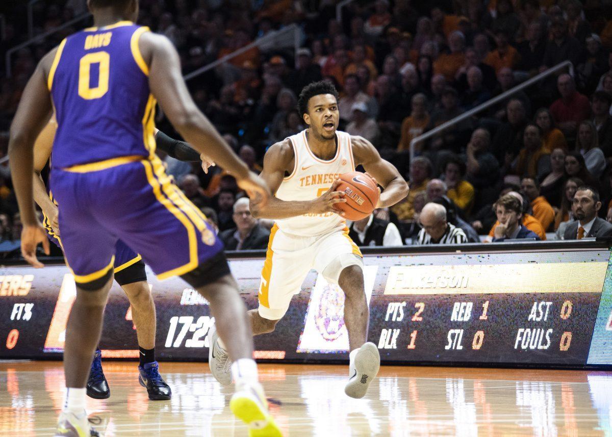 Tennessee's Josiah-Jordan James, #5, prepares to pass the ball during the Tennessee and LSU basketball game on Saturday, January 4, 2020 at Thompson-Boling Arena.