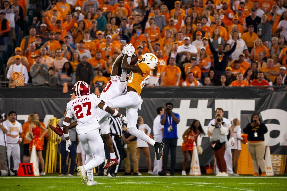 #80 Ramel Keyton for the Tennessee Volunteers making an amazing catch downfield in Indiana territory on Thursday, January 2, 2020 at the Tax Slayer Gator Bowl.