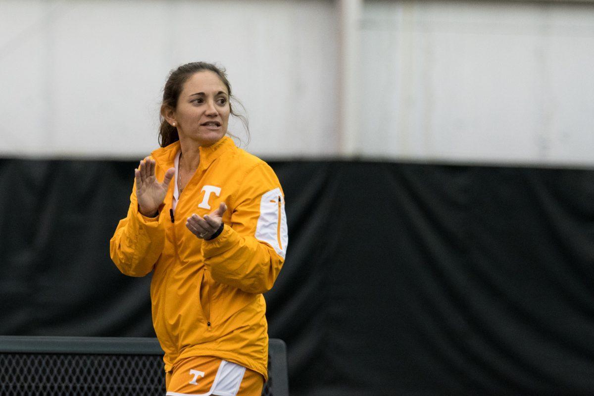 Head coach Alison Ojeda during the match against Air Force at Goodfriend Tennis Center on January 21, 2017.