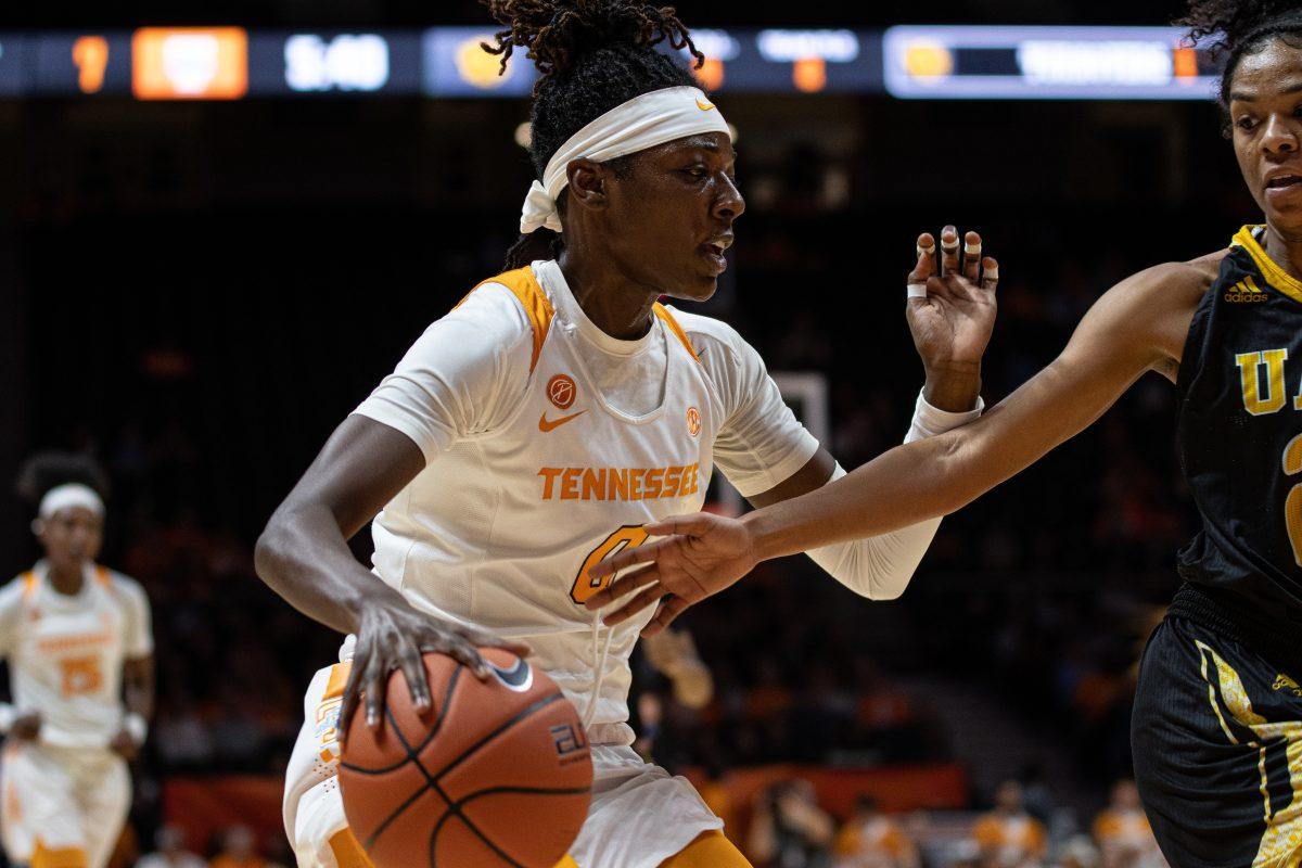 Rennia Davis, #0, driving against a Lady Lions defender on Tuesday, November 26, 2019 in Thompson-Boling Arena.