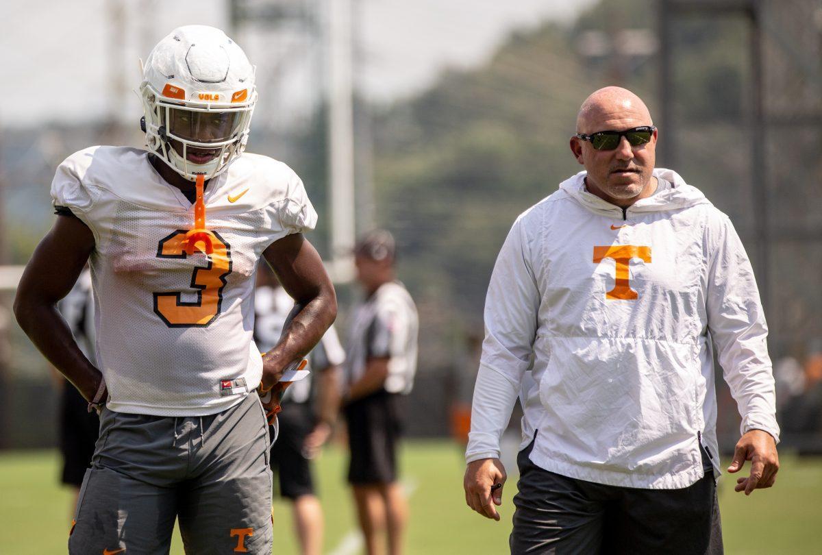 #3, Eric Gray watches his teammates practice with coach Joe Osovet during practice on August 20, 2019.